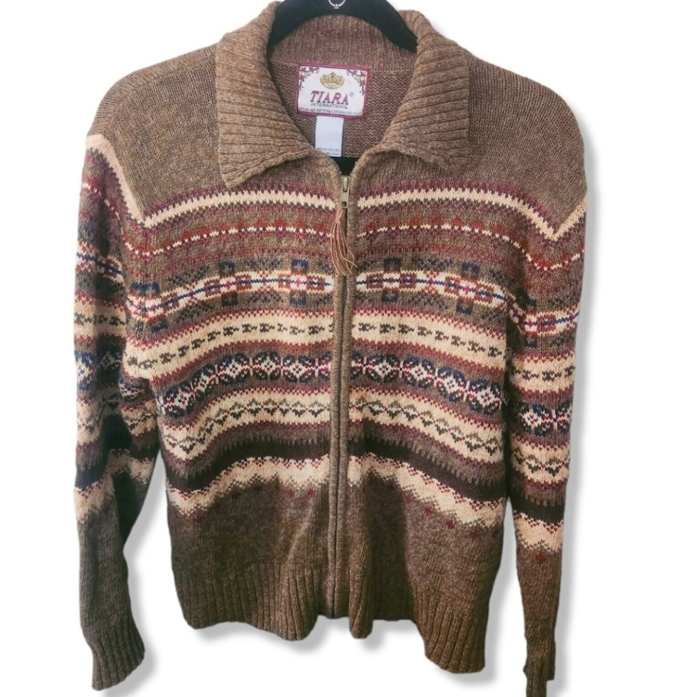 Tiara VTG Brown Southwestern Sweater Full Zip Fringe Cotton.